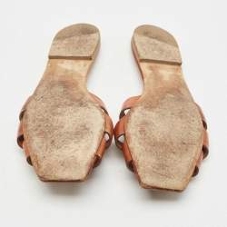 Pre Owned Saint Laurent Brown Leather Tribute Flat Slides Size 38.5