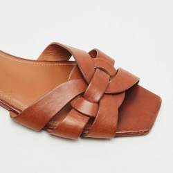 Pre Owned Saint Laurent Brown Leather Tribute Flat Slides Size 38.5