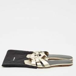 Pre Owned Saint Laurent Gold Leather Tribute Flat Sandals Size 40