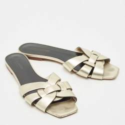 Pre Owned Saint Laurent Gold Leather Tribute Flat Sandals Size 40