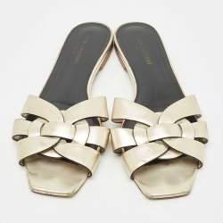 Pre Owned Saint Laurent Gold Leather Tribute Flat Sandals Size 40