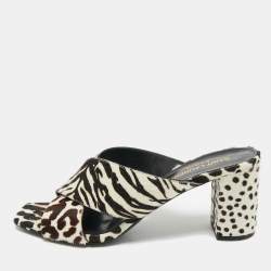 Pre Owned Saint Laurent Brown/White Calfhair Loulou Slide Sandals Size 38