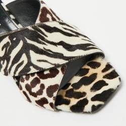 Pre Owned Saint Laurent Brown/White Calfhair Loulou Slide Sandals Size 38