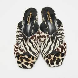 Pre Owned Saint Laurent Brown/White Calfhair Loulou Slide Sandals Size 38