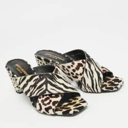 Pre Owned Saint Laurent Brown/White Calfhair Loulou Slide Sandals Size 38