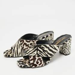 Pre Owned Saint Laurent Brown/White Calfhair Loulou Slide Sandals Size 38