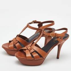 مملوكة مسبقًا صندل سان لوران تريبيوت جلد بني بنعل سميك مقاس 37.5