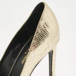 Pre Owned Saint Laurent Gold Lizard Embossed Leather Platform Pumps Size 38.5