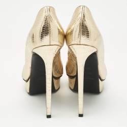 Pre Owned Saint Laurent Gold Lizard Embossed Leather Platform Pumps Size 38.5