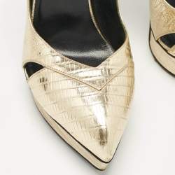 Pre Owned Saint Laurent Gold Lizard Embossed Leather Platform Pumps Size 38.5