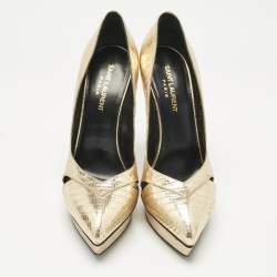 Pre Owned Saint Laurent Gold Lizard Embossed Leather Platform Pumps Size 38.5