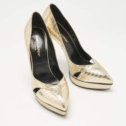 Pre Owned Saint Laurent Gold Lizard Embossed Leather Platform Pumps Size 38.5