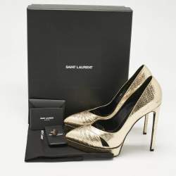 Pre Owned Saint Laurent Gold Lizard Embossed Leather Platform Pumps Size 38.5