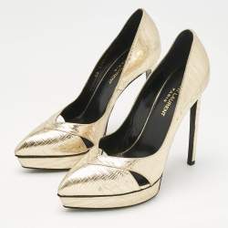 Pre Owned Saint Laurent Gold Lizard Embossed Leather Platform Pumps Size 38.5