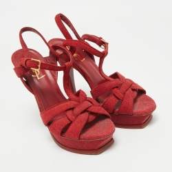 Pre Owned Saint Laurent Red Suede and Quartz Tribute Platform Sandals Size 38
