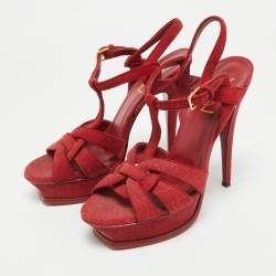 Pre Owned Saint Laurent Red Suede and Quartz Tribute Platform Sandals Size 38