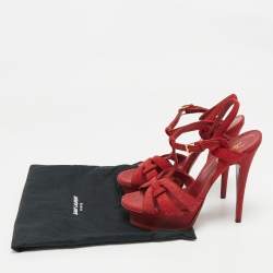 Pre Owned Saint Laurent Red Suede and Quartz Tribute Platform Sandals Size 38