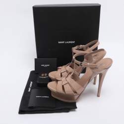 Pre Owned Saint Laurent Beige Patent Leather Tribute Platform Ankle Strap Sandals Size 38