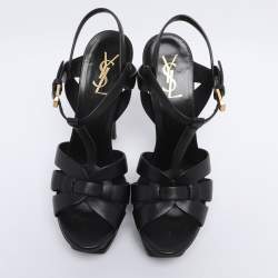 مملوكة مسبقًا Saint Laurent Black Leather Tribute Ankle Strap Sandals Size 38.5