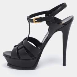 مملوكة مسبقًا Saint Laurent Black Leather Tribute Ankle Strap Sandals Size 38.5