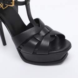 مملوكة مسبقًا Saint Laurent Black Leather Tribute Ankle Strap Sandals Size 38.5