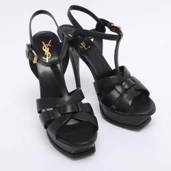 مملوكة مسبقًا Saint Laurent Black Leather Tribute Ankle Strap Sandals Size 38.5