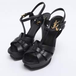 مملوكة مسبقًا Saint Laurent Black Leather Tribute Ankle Strap Sandals Size 38.5