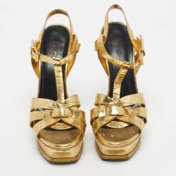 Pre Owned Saint Laurent Gold Croc Embossed Leather Tribute Platform Sandals Size 38