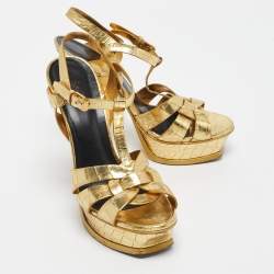 Pre Owned Saint Laurent Gold Croc Embossed Leather Tribute Platform Sandals Size 38