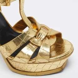Pre Owned Saint Laurent Gold Croc Embossed Leather Tribute Platform Sandals Size 38