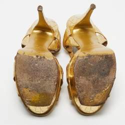 Pre Owned Saint Laurent Gold Croc Embossed Leather Tribute Platform Sandals Size 38