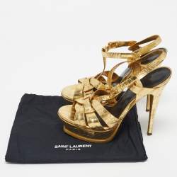 Pre Owned Saint Laurent Gold Croc Embossed Leather Tribute Platform Sandals Size 38
