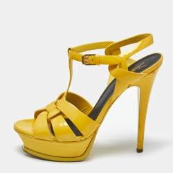 Pre Owned Saint Laurent Yellow Patent Leather Tribute Ankle Strap Sandals Size 38.5