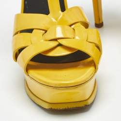 Pre Owned Saint Laurent Yellow Patent Leather Tribute Ankle Strap Sandals Size 38.5
