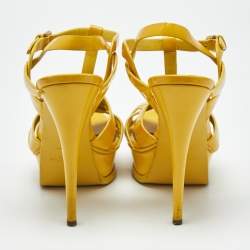 Pre Owned Saint Laurent Yellow Patent Leather Tribute Ankle Strap Sandals Size 38.5