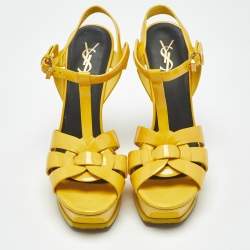 Pre Owned Saint Laurent Yellow Patent Leather Tribute Ankle Strap Sandals Size 38.5