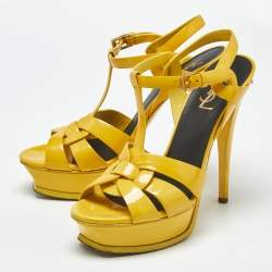 Pre Owned Saint Laurent Yellow Patent Leather Tribute Ankle Strap Sandals Size 38.5