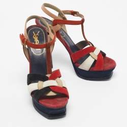 Pre Owned Saint Laurent Multicolor Suede Tribute Ankle Strap Sandals Size 38.5