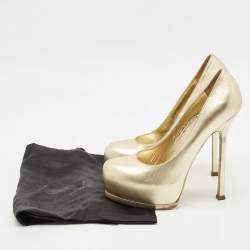 Pre Owned Saint Laurent Gold Leather Tribtoo Platform Pumps Size 38.5
