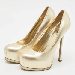 Pre Owned Saint Laurent Gold Leather Tribtoo Platform Pumps Size 38.5