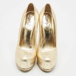 Pre Owned Saint Laurent Gold Leather Tribtoo Platform Pumps Size 38.5