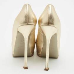 Pre Owned Saint Laurent Gold Leather Tribtoo Platform Pumps Size 38.5