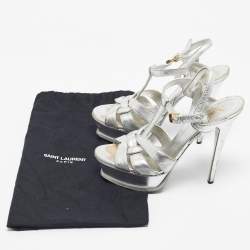 Pre Owned Saint Laurent Silver Leather Tribute Platform Sandals Size 39.5