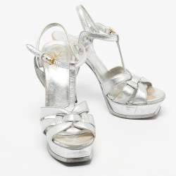 Pre Owned Saint Laurent Silver Leather Tribute Platform Sandals Size 39.5