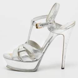 Pre Owned Saint Laurent Silver Leather Tribute Platform Sandals Size 39.5