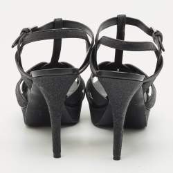 مملوكة مسبقًا Saint Laurent Black Glitter and Suede Tribute Platform Sandals Size 41