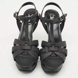 مملوكة مسبقًا Saint Laurent Black Glitter and Suede Tribute Platform Sandals Size 41