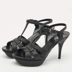 مملوكة مسبقًا Saint Laurent Black Glitter and Suede Tribute Platform Sandals Size 41