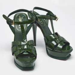 Pre Owned Saint Laurent Green Patent Leather Tribute Platform Sandals Size 38