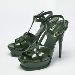 Pre Owned Saint Laurent Green Patent Leather Tribute Platform Sandals Size 38